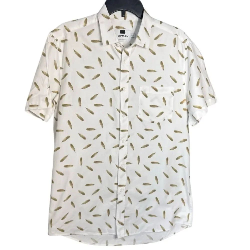 Topman Cream Feather Print Women's Button Down Shirt Size Medium